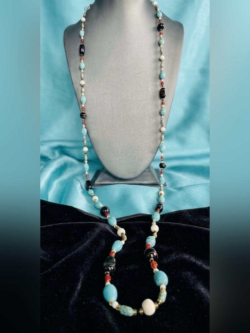 Vtg 1940s Czech Lampwork Glass Bead Necklace Long 52" Faux Turquoise Southwest